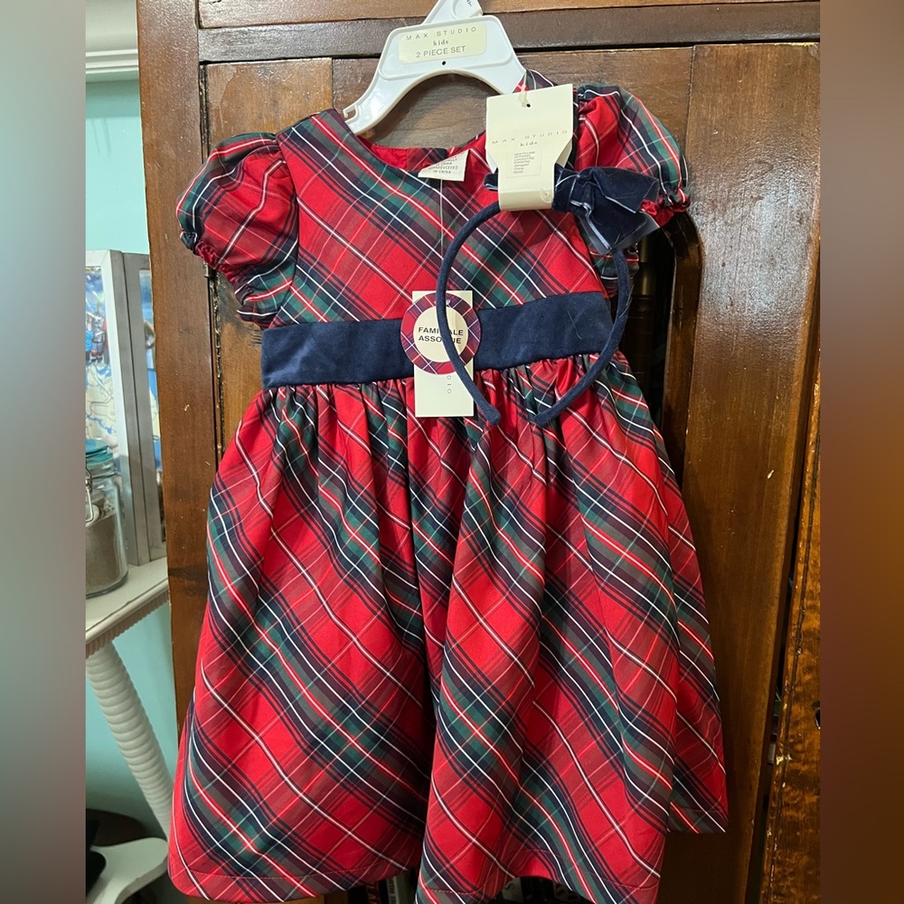 Max Studio Girls Holiday Dress & Headband Set Size 2T Blue Red NWT